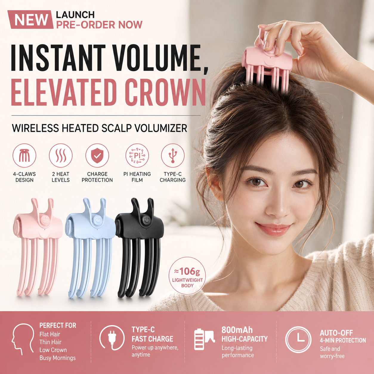 🎉48K+ Sold 💇 Wireless Heated Volumizing Root Lift Clip, Portable Travel Hair Styling Tool for Flat Fine Hair
