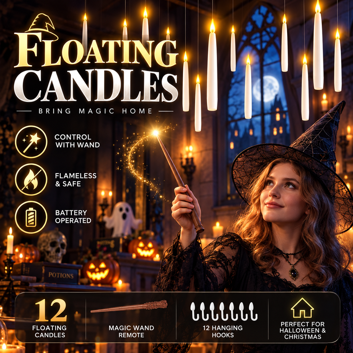 Flameless LED Floating Candles – 6.6-Inch Battery-Operated, Includes Wand Remote & 12 Hooks; Perfect for Christmas and Indoor Halloween Decor; A Whimsical Gift