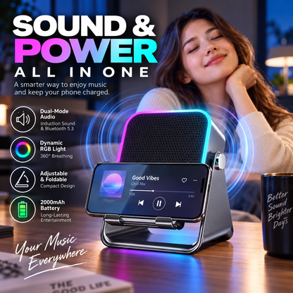 5-in-1 Wireless Induction Bluetooth Speaker with Adjustable Phone Stand