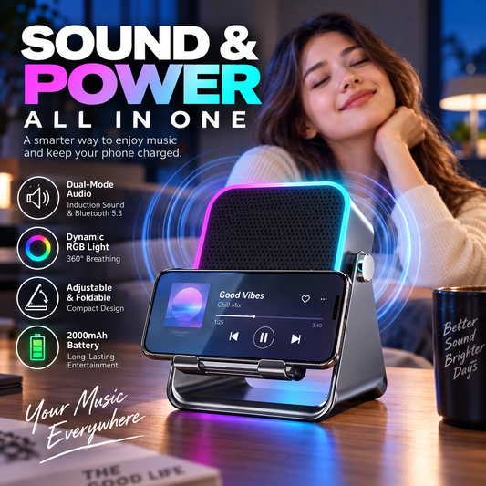 5-in-1 Wireless Induction Bluetooth Speaker with Adjustable Phone Stand