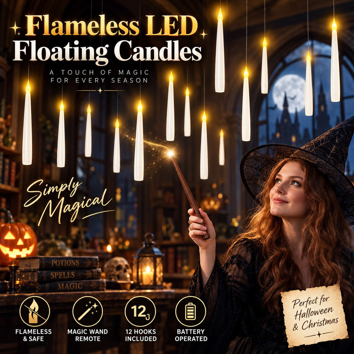 Flameless LED Floating Candles – 6.6-Inch Battery-Operated, Includes Wand Remote & 12 Hooks; Perfect for Christmas and Indoor Halloween Decor; A Whimsical Gift