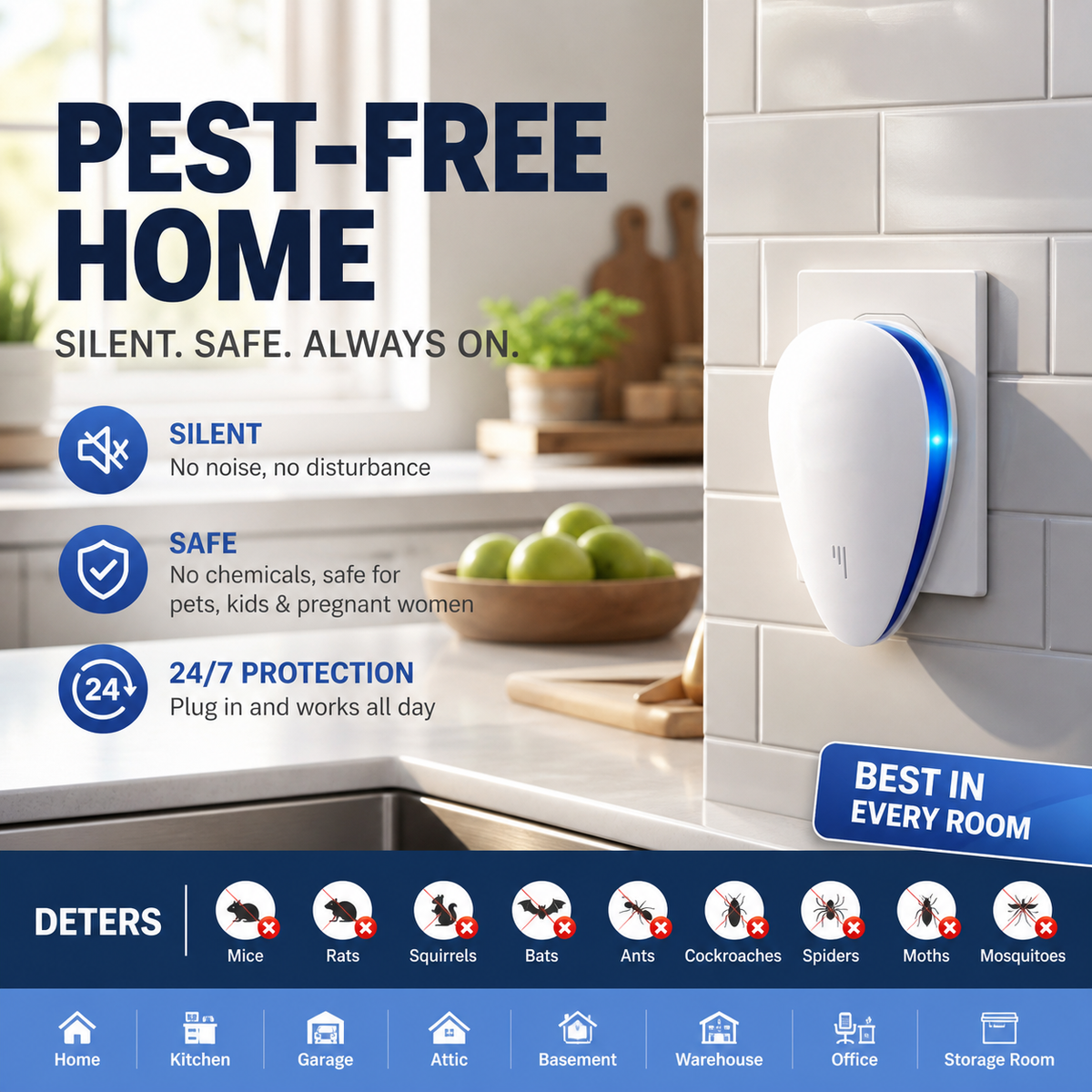 🦟 Ultrasonic Pest Repeller – Silent Plug-In Insect & Rodent Deterrent for Home, Kitchen & Garage