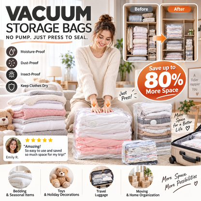 ⏳LAST DAY SALE ONLY !🏆🧳No‑Pump Vacuum Storage Bags – Press & seal, no pump needed. Saves 80% space, keeps clothes dry & dust‑free. Perfect for bulky bedding & off‑season gear. 🛏️🗄️