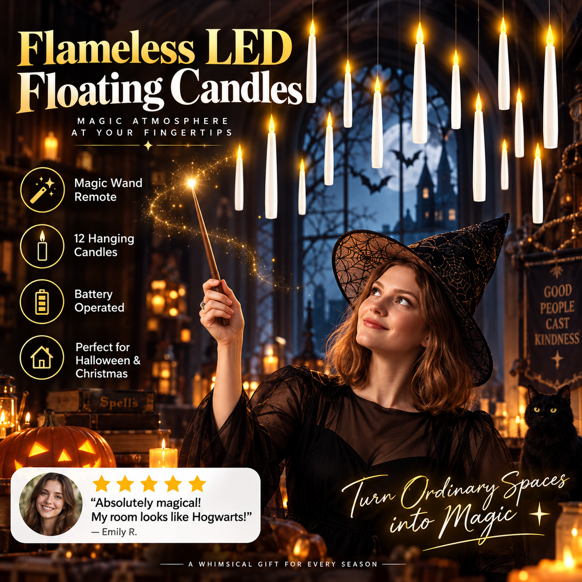 Flameless LED Floating Candles – 6.6-Inch Battery-Operated, Includes Wand Remote & 12 Hooks; Perfect for Christmas and Indoor Halloween Decor; A Whimsical Gift