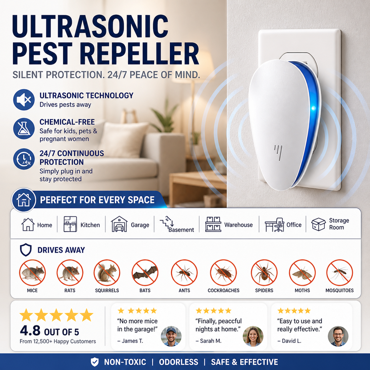🦟 Ultrasonic Pest Repeller – Silent Plug-In Insect & Rodent Deterrent for Home, Kitchen & Garage