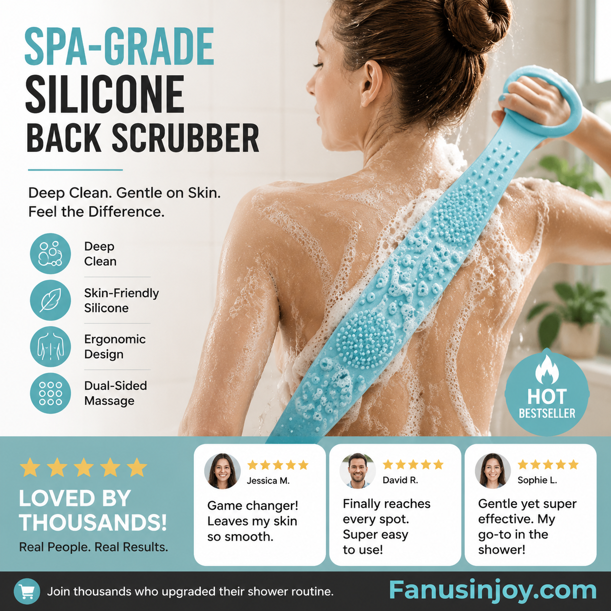🛁 50% OFF NOW! 🌸 Dual-Sided Silicone Back Scrubber – Spa-Grade Exfoliation, Smooth Glowing Skin in Every Shower ✨