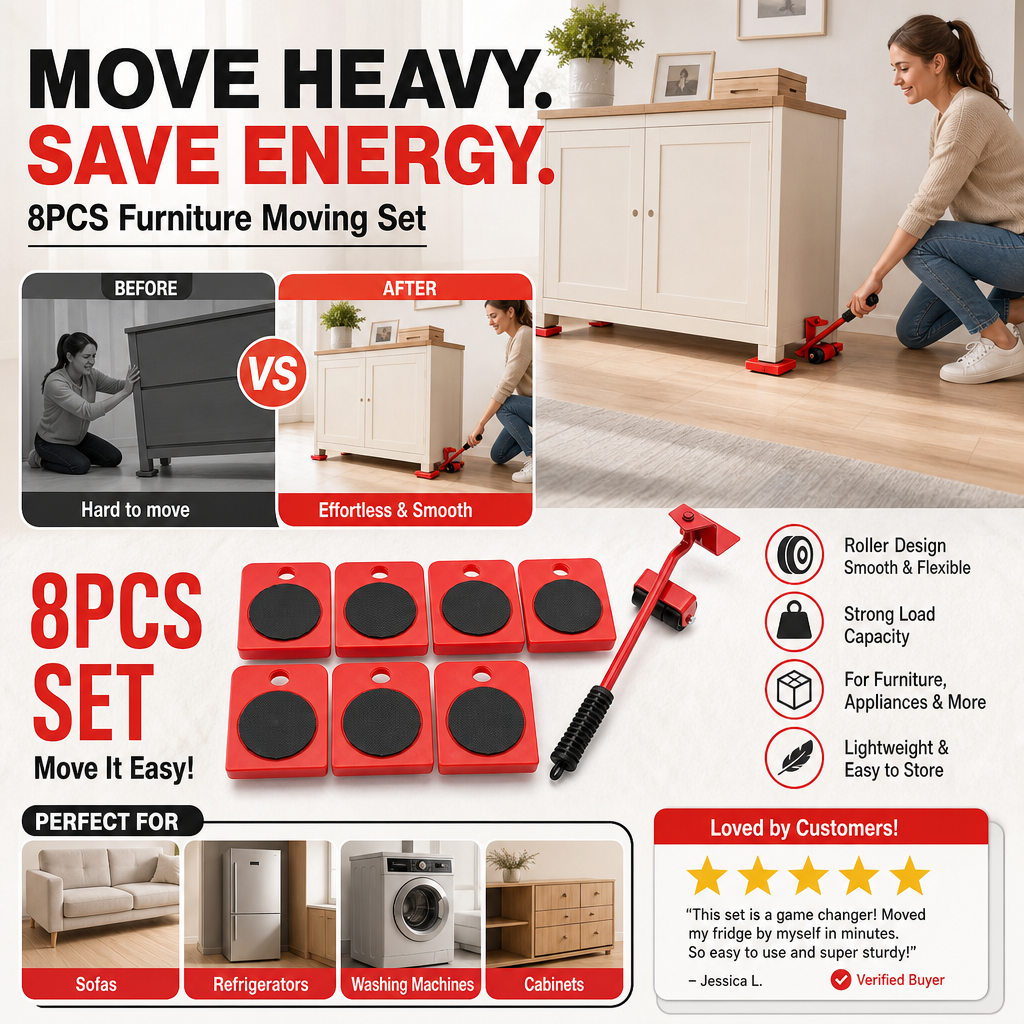 📦 LIMITED-TIME 50% OFF! 🛋️ Furniture Moving System – 360° Rotating Sliders, 800 Lbs Load‑Bearing 8‑Piece Kit ✨