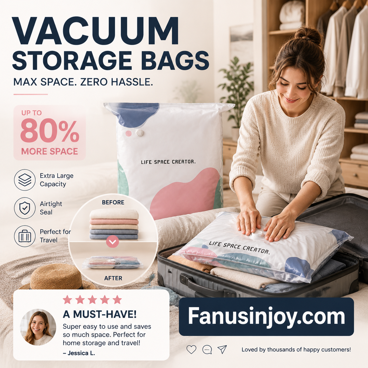 💥Increase storage space by 80%！No-Pump Large Vacuum Storage Compression Bags