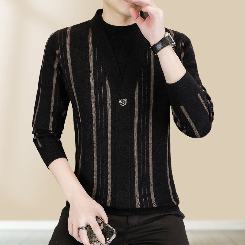 Men's Knit Striped Faux Two Piece Sweater
