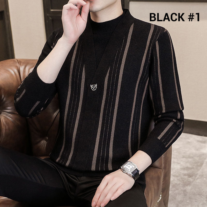 Men's Knit Striped Faux Two Piece Sweater