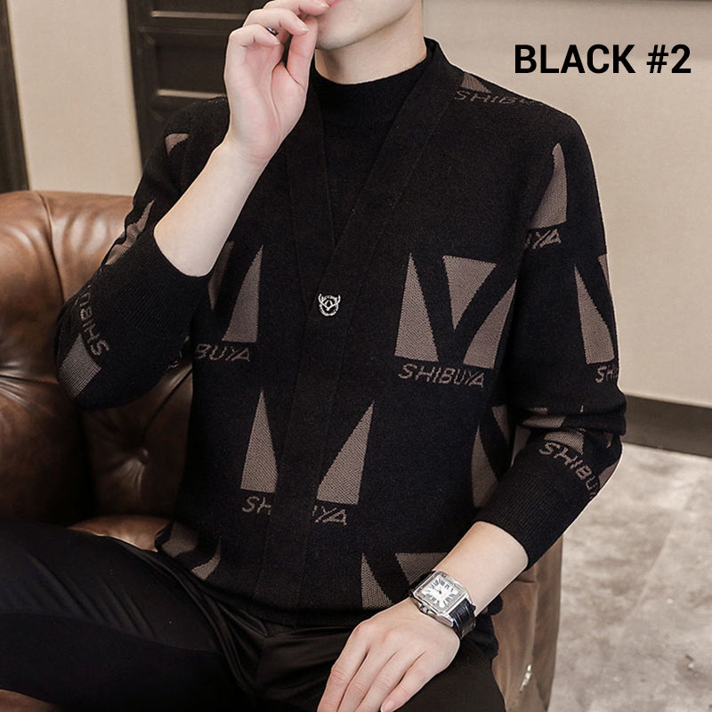 Men's Knit Striped Faux Two Piece Sweater