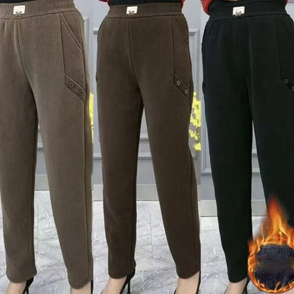 Women's Button-Detail Warm Thickened Casual Pants