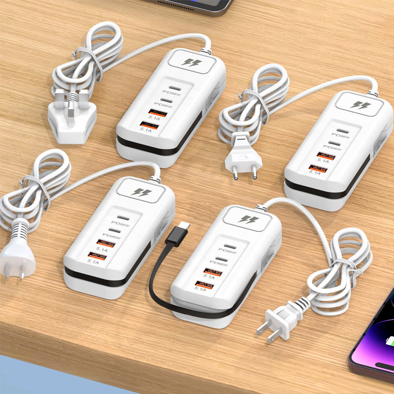 ⚡2026 Hot New Arrivals – Multi-Function Fast Charger 2PD + 2USB! 🔌📱 66W, Built-in Type-C Cable, Safely Charges 4 Devices Simultaneously