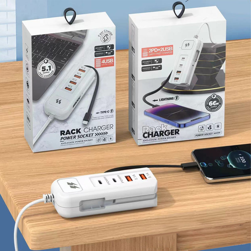 ⚡2026 Hot New Arrivals – Multi-Function Fast Charger 2PD + 2USB! 🔌📱 66W, Built-in Type-C Cable, Safely Charges 4 Devices Simultaneously