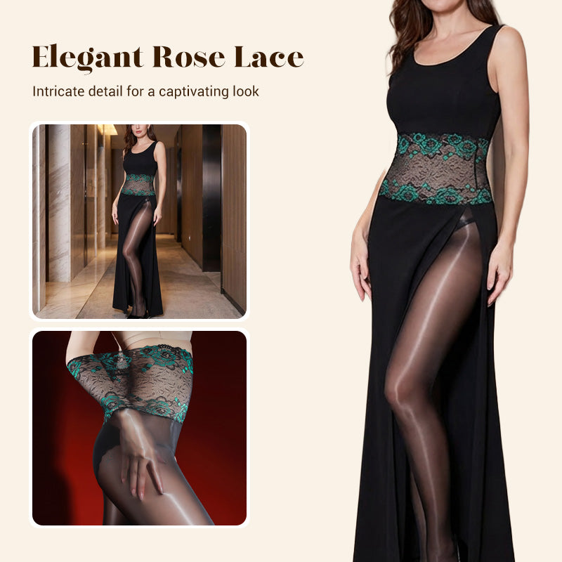 Glanzende panty met geborduurd rozenkant, inclusief cosmeticatas