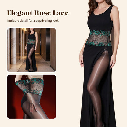 Glanzende panty met geborduurd rozenkant, inclusief cosmeticatas