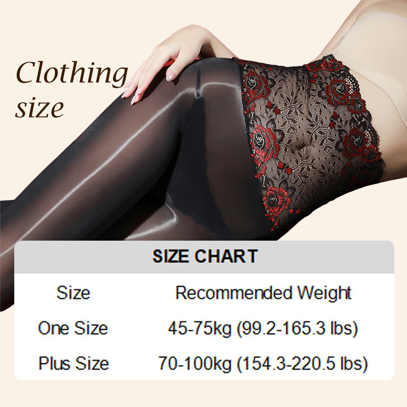 Glanzende panty met geborduurd rozenkant, inclusief cosmeticatas