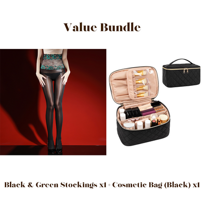 Glanzende panty met geborduurd rozenkant, inclusief cosmeticatas