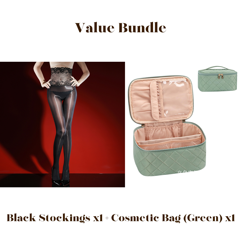 Glanzende panty met geborduurd rozenkant, inclusief cosmeticatas