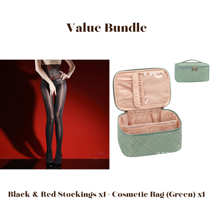 Glanzende panty met geborduurd rozenkant, inclusief cosmeticatas