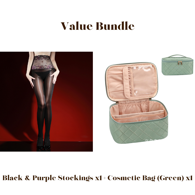 Glanzende panty met geborduurd rozenkant, inclusief cosmeticatas