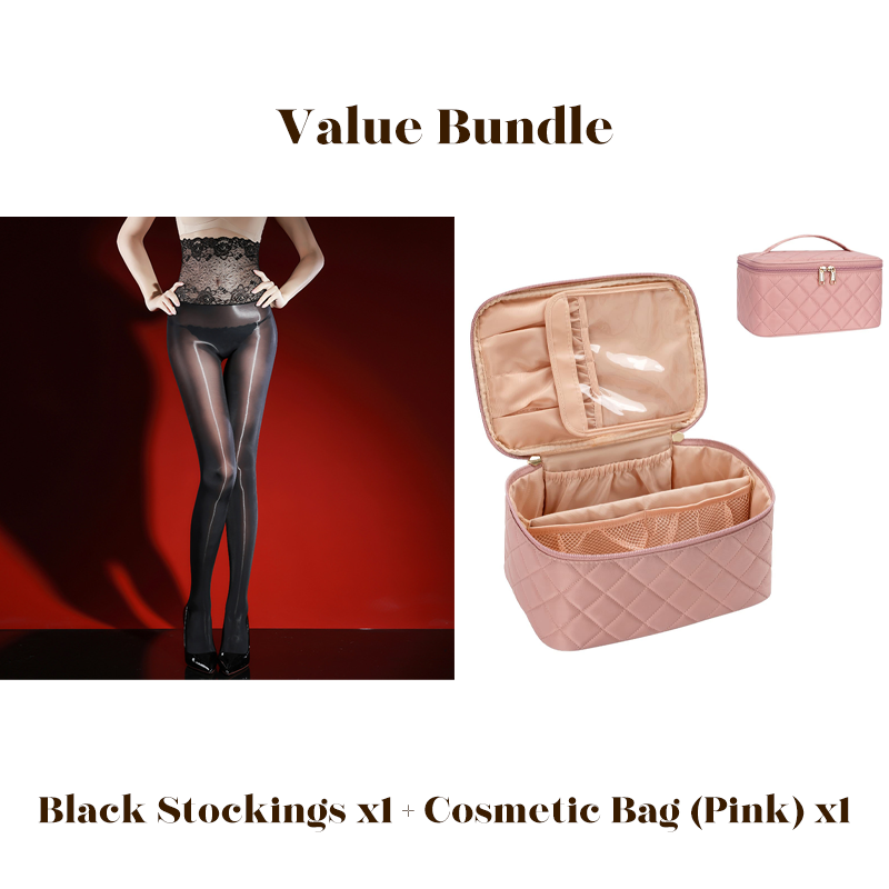 Glanzende panty met geborduurd rozenkant, inclusief cosmeticatas
