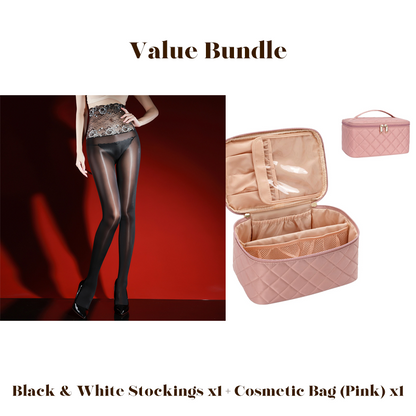 Glanzende panty met geborduurd rozenkant, inclusief cosmeticatas