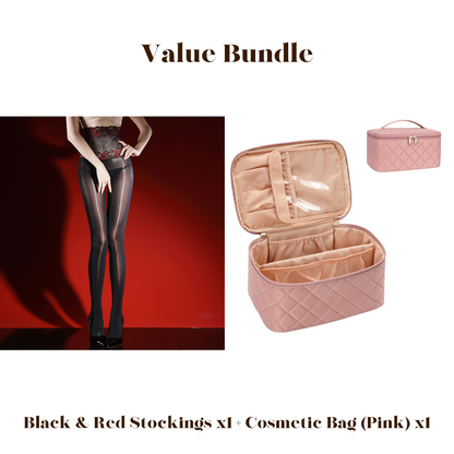 Glanzende panty met geborduurd rozenkant, inclusief cosmeticatas