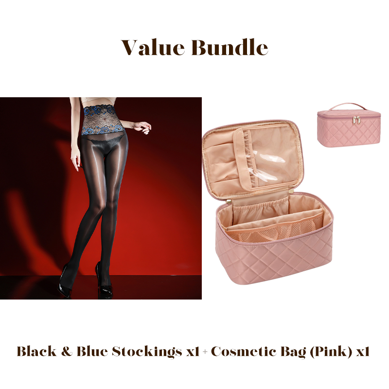Glanzende panty met geborduurd rozenkant, inclusief cosmeticatas