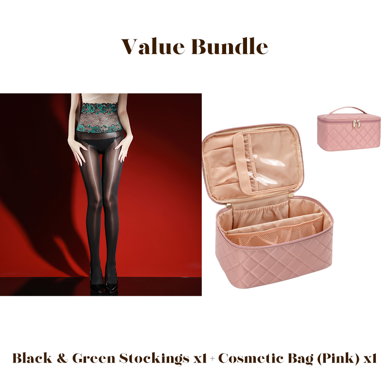 Glanzende panty met geborduurd rozenkant, inclusief cosmeticatas