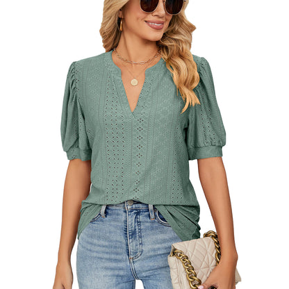 Loose Solid Color T-Shirt Top with Hollow Bubble Sleeves
