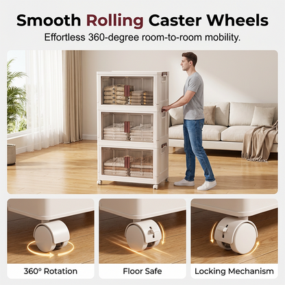 🏠 50% OFF! ✨ Foldable Storage Cabinet – Tool-Free Assembly, Transparent Magnetic Doors & Smooth-Rolling Wheels – Dustproof Multi-Tier Organizer for Clothes, Toys, Books & Bedding 📦
