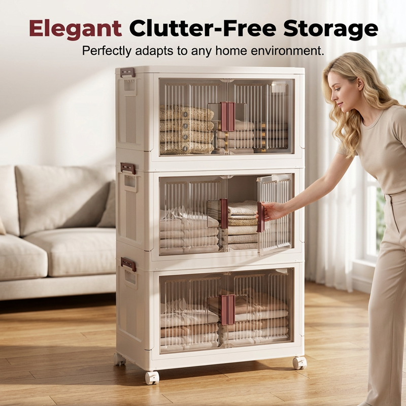 🏠 50% OFF! ✨ Foldable Storage Cabinet – Tool-Free Assembly, Transparent Magnetic Doors & Smooth-Rolling Wheels – Dustproof Multi-Tier Organizer for Clothes, Toys, Books & Bedding 📦