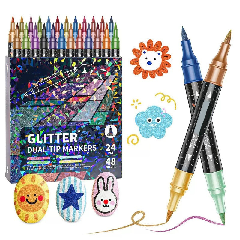 ✨ Dual-Tip Glitter Marker Set ✅ Brush & Fine Tip | 24 Vibrant Sparkle Colors 🎨 -50% TODAY ONLY 🔥