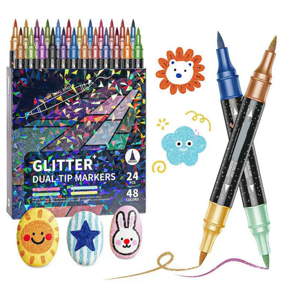 ✨ Dual-Tip Glitter Marker Set ✅ Brush & Fine Tip | 24 Vibrant Sparkle Colors 🎨 -50% TODAY ONLY 🔥