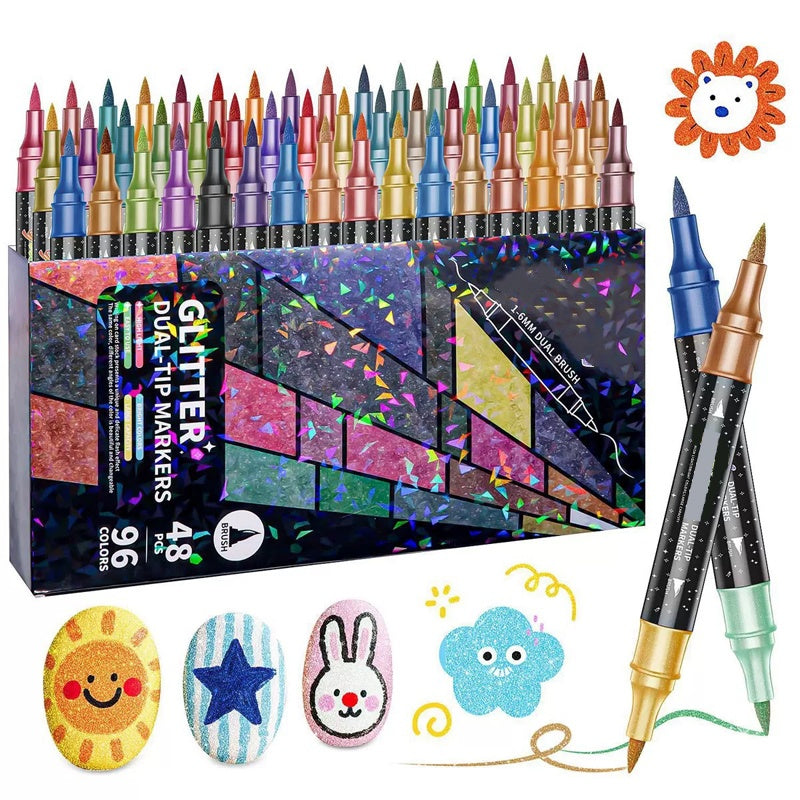 ✨ Dual-Tip Glitter Marker Set ✅ Brush & Fine Tip | 24 Vibrant Sparkle Colors 🎨 -50% TODAY ONLY 🔥