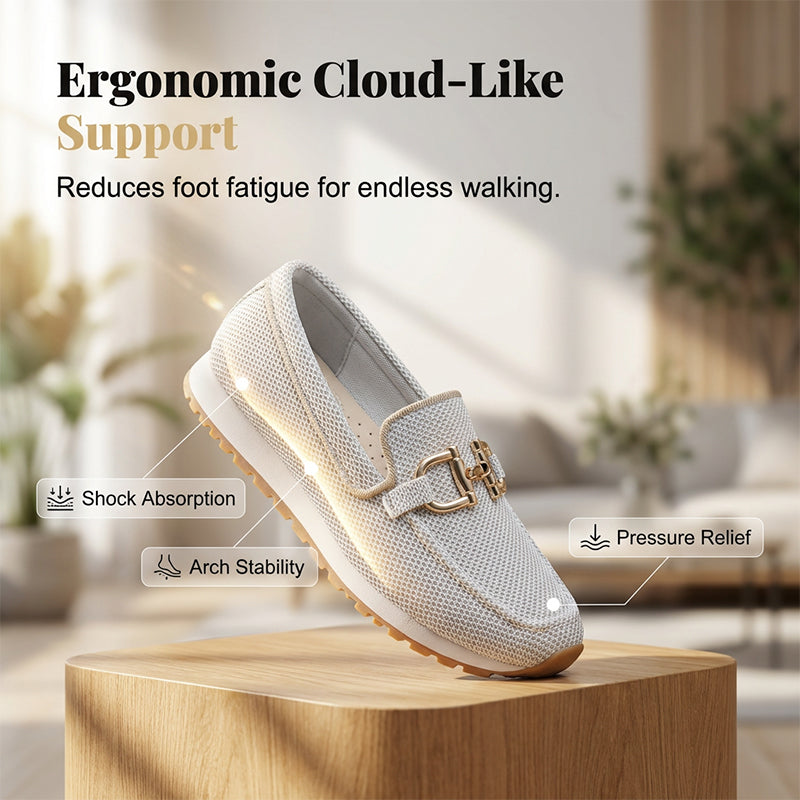 👡 Women’s Mesh Loafers with Arch Support – Breathable Slip-On Shoes with Metal Buckle, Anti-Slip Sole – Perfect for Walking, Work & Casual Wear (4 Colours, Sizes 36–43)
