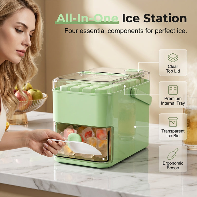 One-Press Ice Cube Maker Set – 28-Grid & Odor-Proof Bin