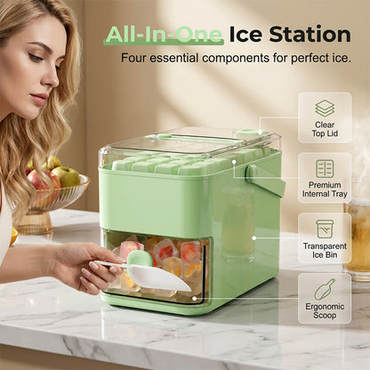 One-Press Ice Cube Maker Set – 28-Grid & Odor-Proof Bin