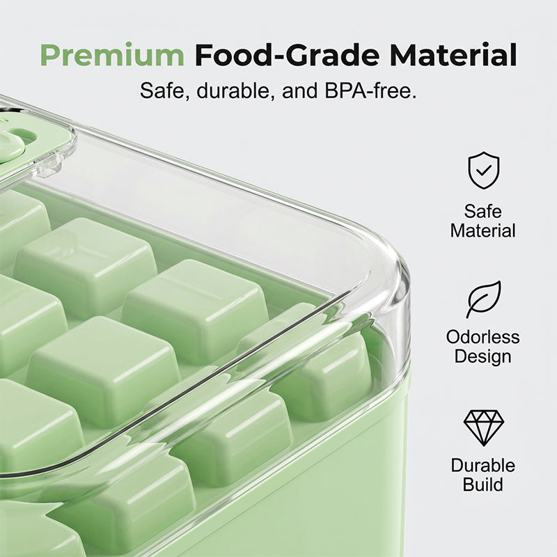 One-Press Ice Cube Maker Set – 28-Grid & Odor-Proof Bin