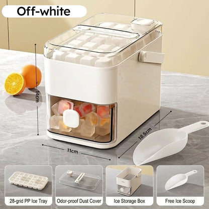 One-Press Ice Cube Maker Set – 28-Grid & Odor-Proof Bin