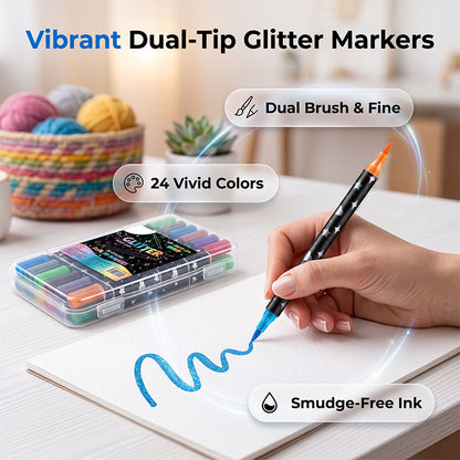 Dual-Tip Glitter Markers Set – 24/48/72/96/120 Colors Shimmering Art Pens with Fine & Brush Tips, Quick-Drying Water-Based Ink