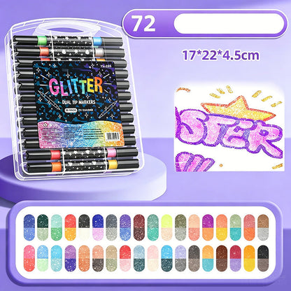 Dual-Tip Glitter Markers Set – 24/48/72/96/120 Colors Shimmering Art Pens with Fine & Brush Tips, Quick-Drying Water-Based Ink