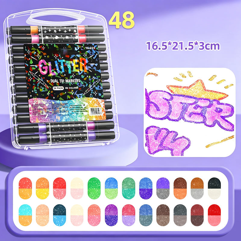 Dual-Tip Glitter Markers Set – 24/48/72/96/120 Colors Shimmering Art Pens with Fine & Brush Tips, Quick-Drying Water-Based Ink
