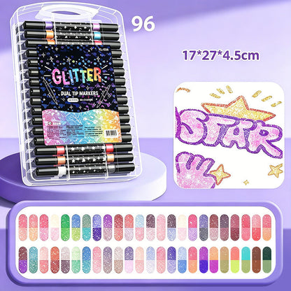 Dual-Tip Glitter Markers Set – 24/48/72/96/120 Colors Shimmering Art Pens with Fine & Brush Tips, Quick-Drying Water-Based Ink