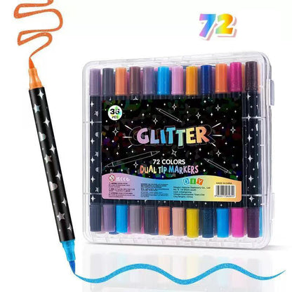 Dual-Tip Glitter Markers Set – 24/48/72/96/120 Colors Shimmering Art Pens with Fine & Brush Tips, Quick-Drying Water-Based Ink