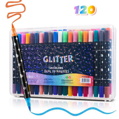 Dual-Tip Glitter Markers Set – 24/48/72/96/120 Colors Shimmering Art Pens with Fine & Brush Tips, Quick-Drying Water-Based Ink