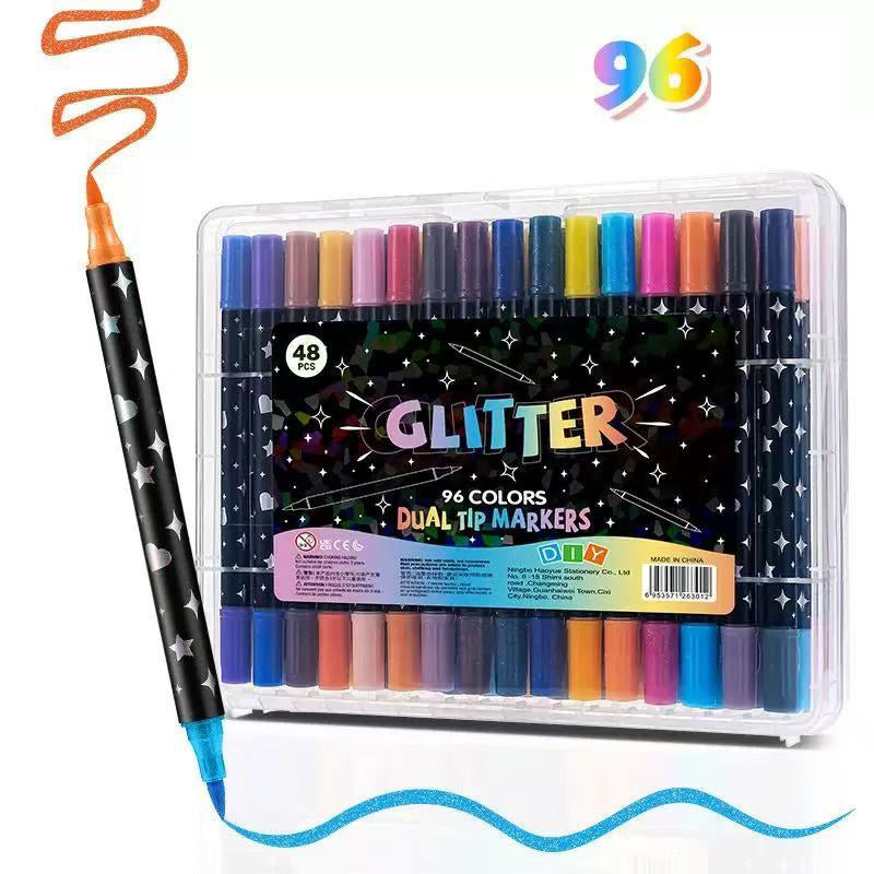 Dual-Tip Glitter Markers Set – 24/48/72/96/120 Colors Shimmering Art Pens with Fine & Brush Tips, Quick-Drying Water-Based Ink