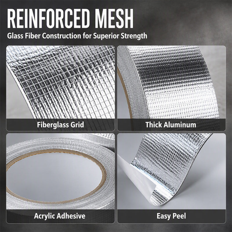 Reinforced Aluminum Foil Tape – Glass Fiber Mesh Heat-Resistant Waterproof Duct Tape for AC Pipes, Roof Sealing, HVAC Insulation, UV-Reflective Weatherproofing, Industrial-Strength Adhesive