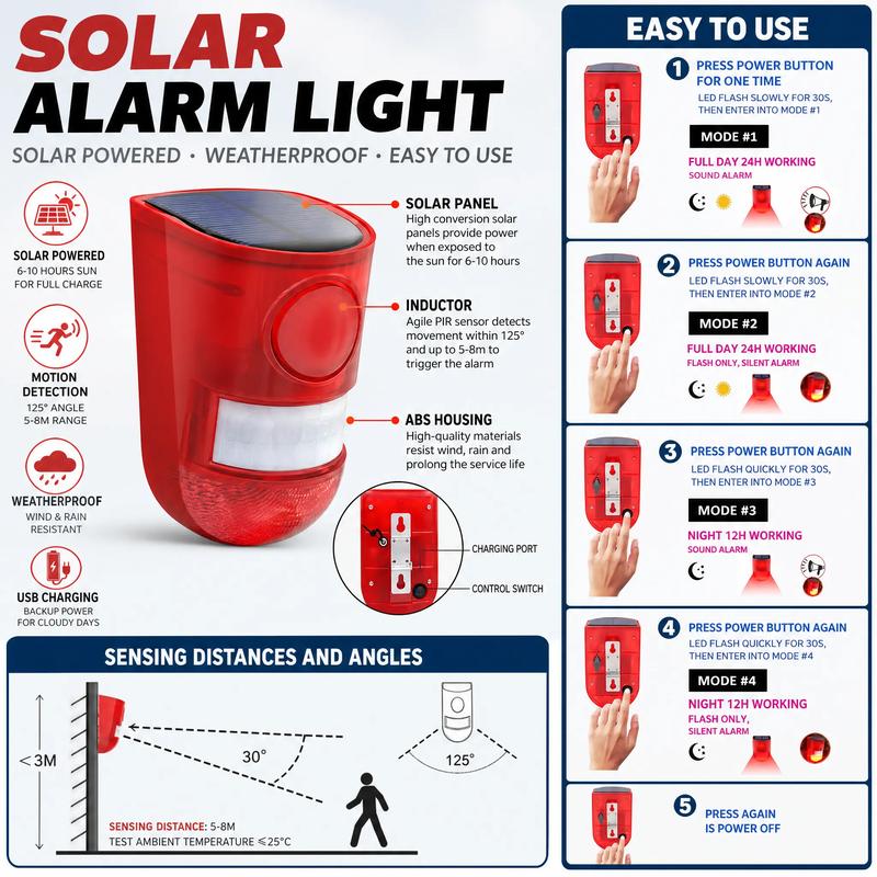 🛡️ 50% OFF NOW! ☀️110dB Solar Powered Siren Alarm with Motion Sensor, 6 LED Flash Modes, IP55 High Quality - Outdoor Security Speaker for Home, Farm, Home Improvement Security & Safety